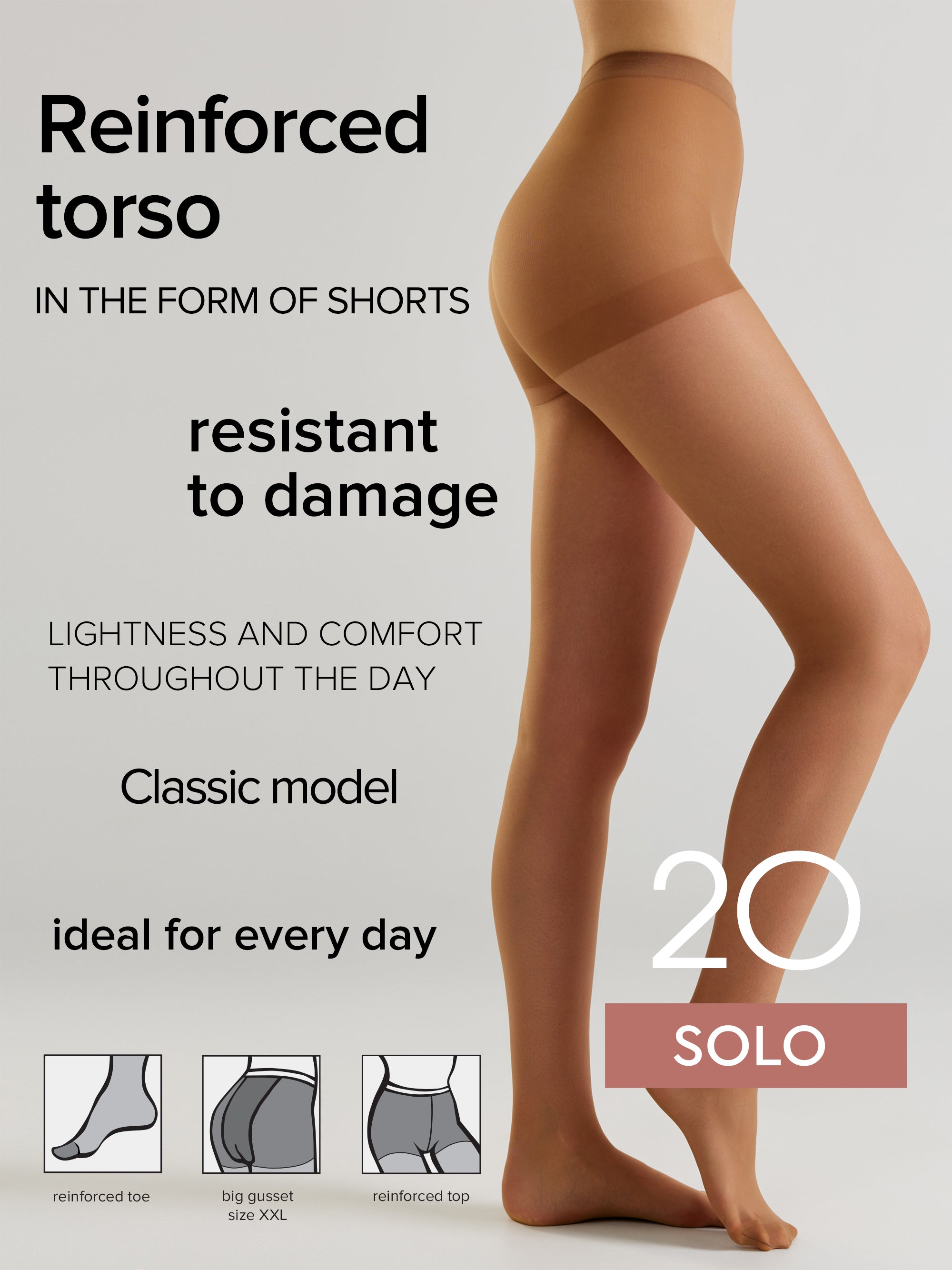 A model's lower body wearing sheer hosiery shorts against a light gray background, with promotional text reading 'Reinforced torso' and '20 SOLO' plus small diagram icons at the bottom showing leg, waist, and hip support.