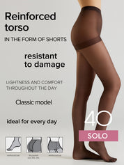 A model's lower body wearing sheer brown hosiery shorts on a light gray background, with promotional text reading 'Reinforced torso' and 'SOLO' plus small inset diagrams showing areas of reinforcement.