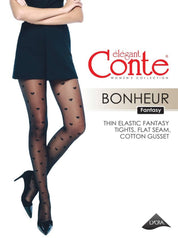 Black patterned tights worn by a model with 'elegant Conte' branding.