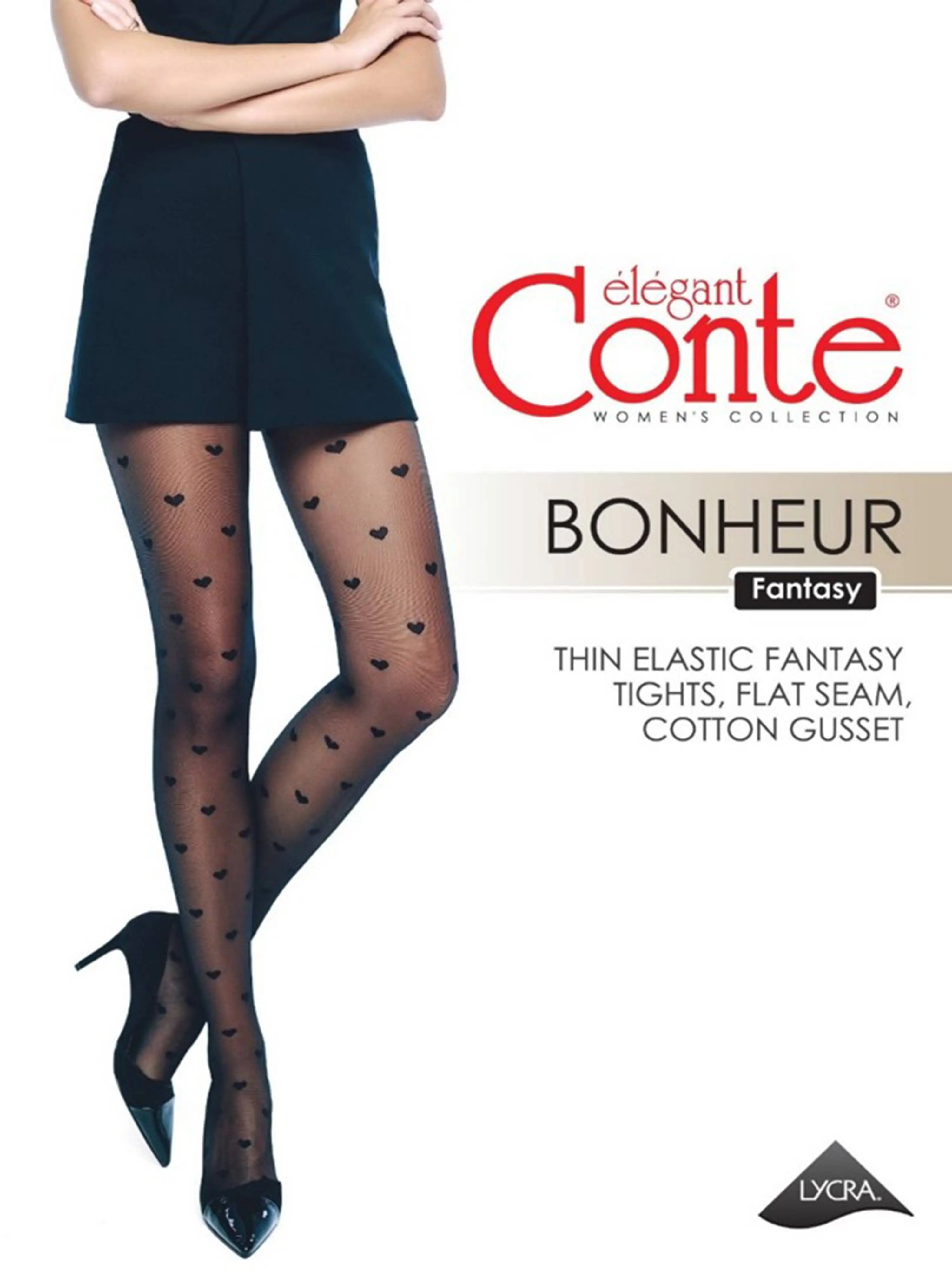 Black patterned tights worn by a model with 'elegant Conte' branding.
