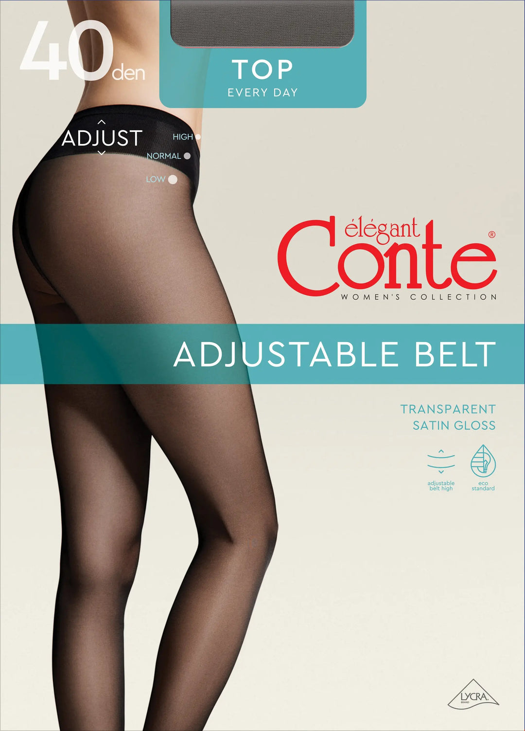 Elegant Conte tights packaging with a model wearing the product. #color_shade