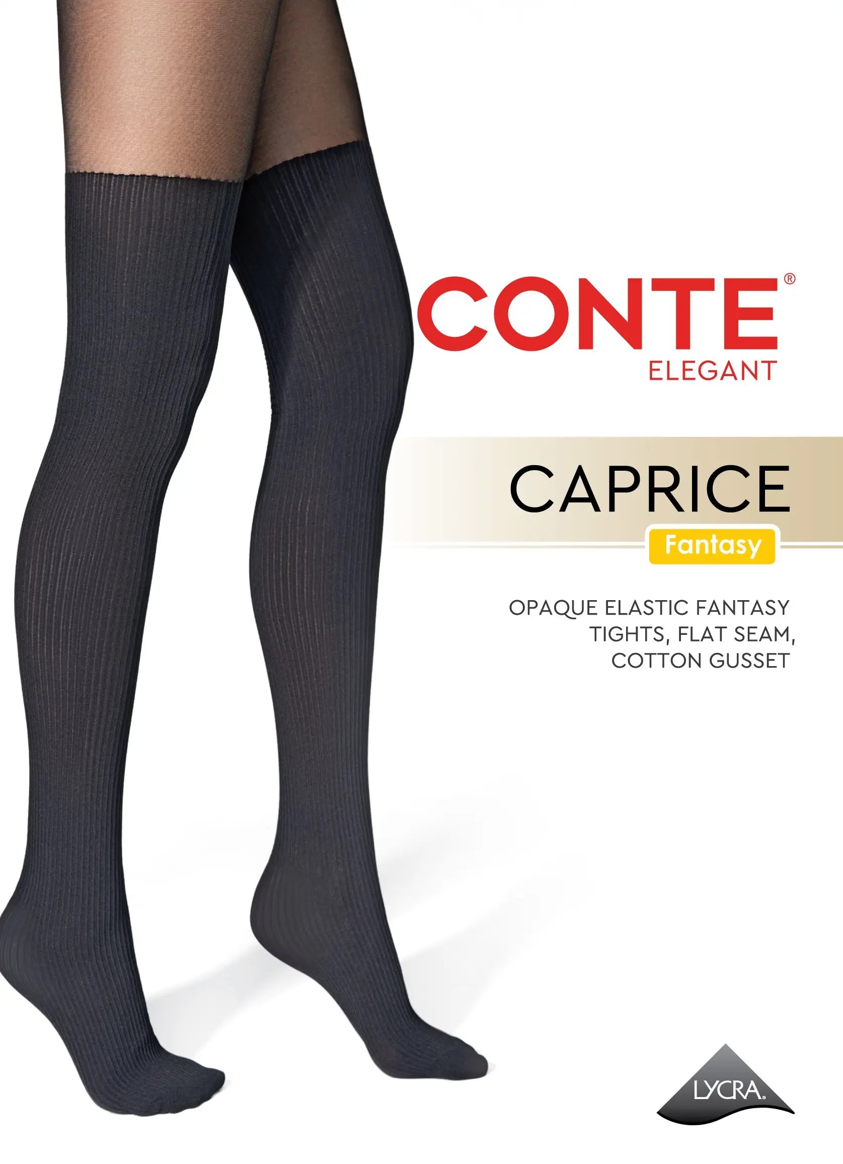 Black tights worn by a person with Conte Elegant branding on a white background