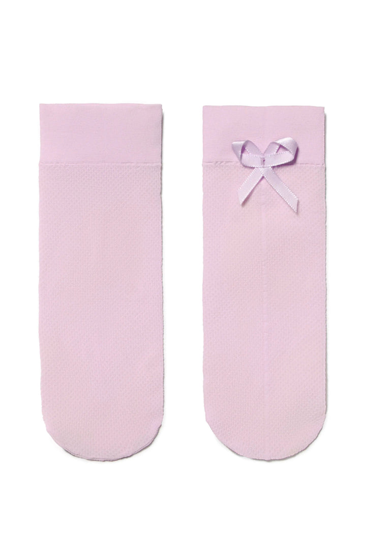 Pair of pink socks with a bow on a white background #color_light-pink
