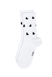White socks with black heart patterns on a white background #color_white