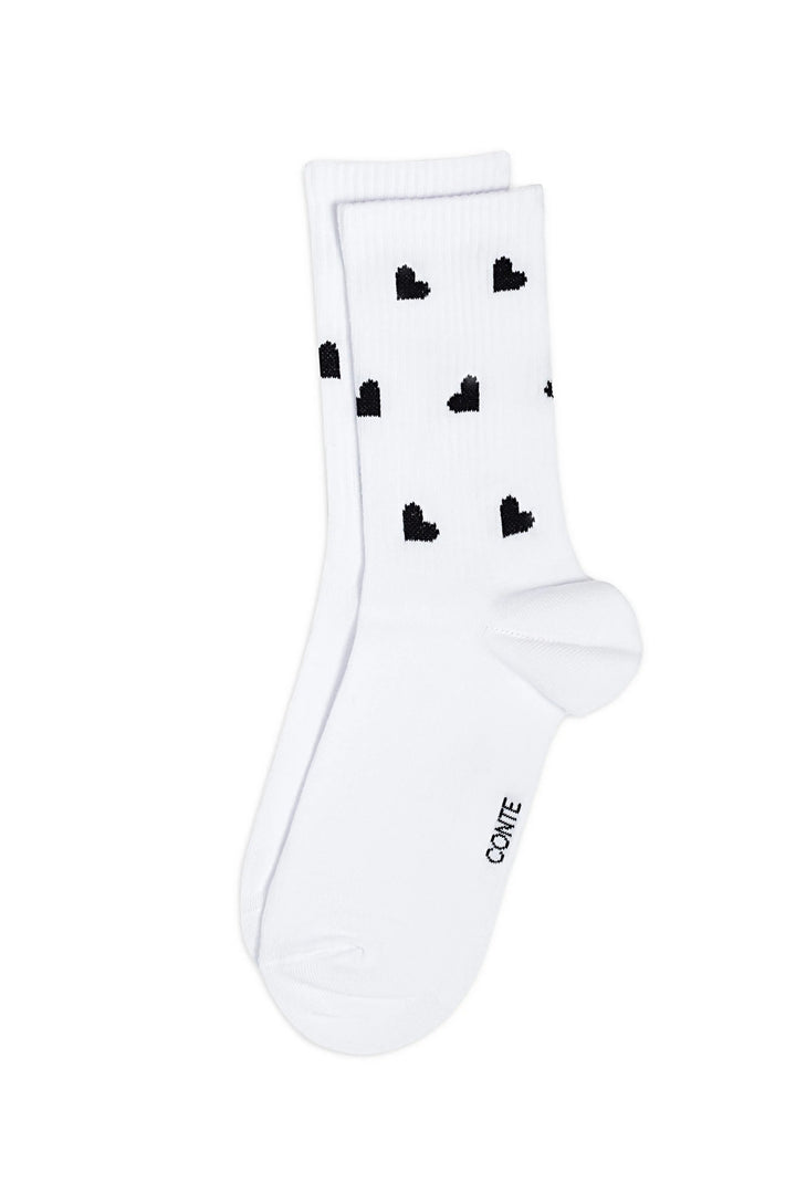 White socks with black heart patterns on a white background #color_white