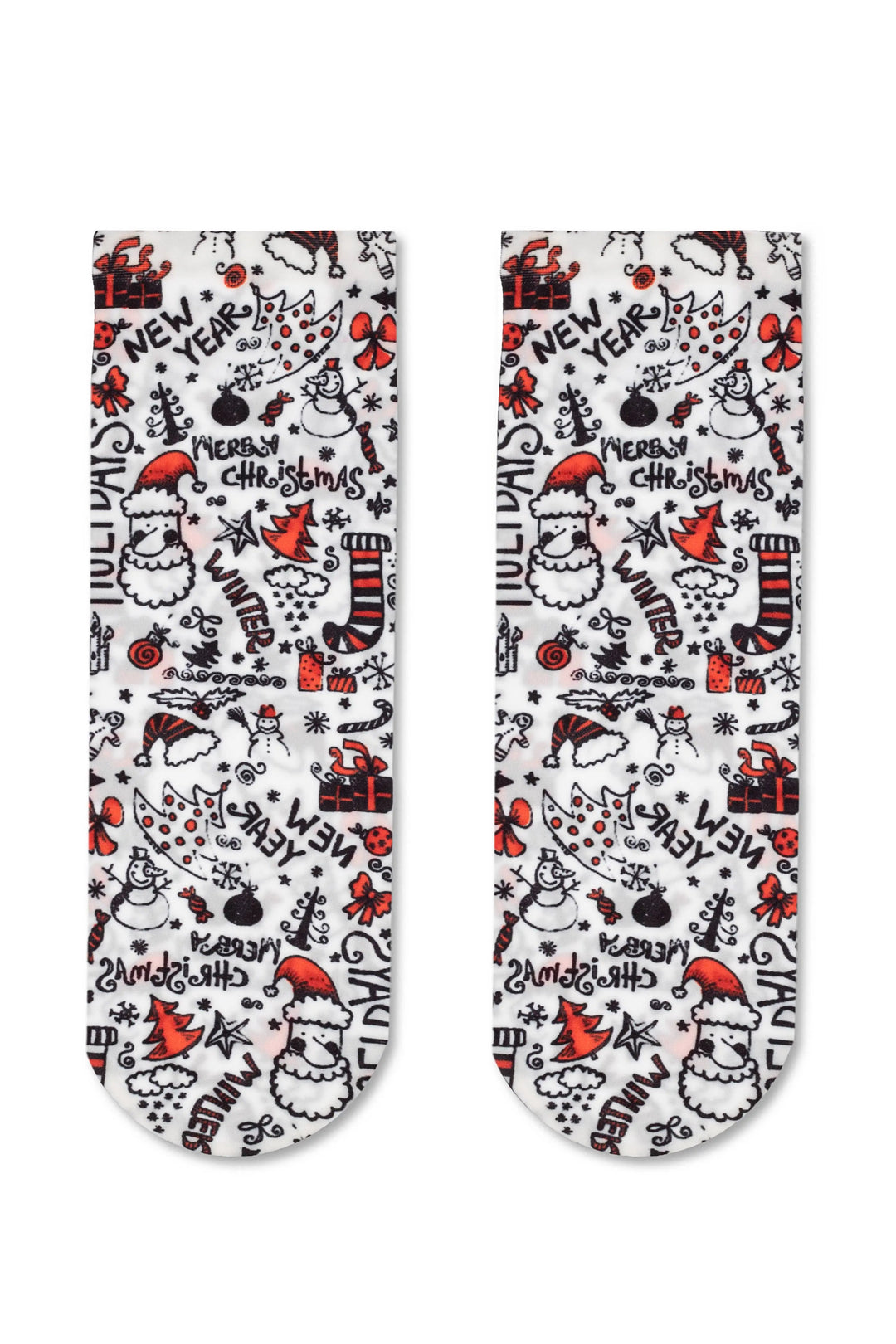 Two Christmas-themed socks with festive designs on a white background