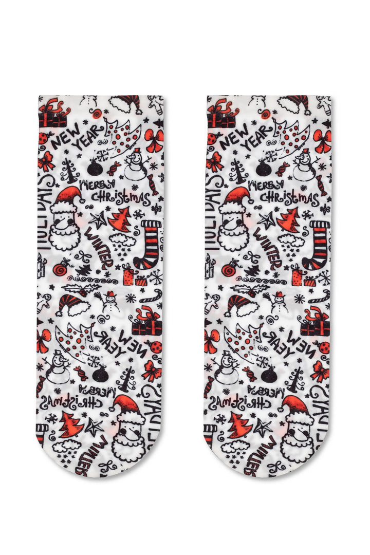 Two Christmas-themed socks with festive designs on a white background