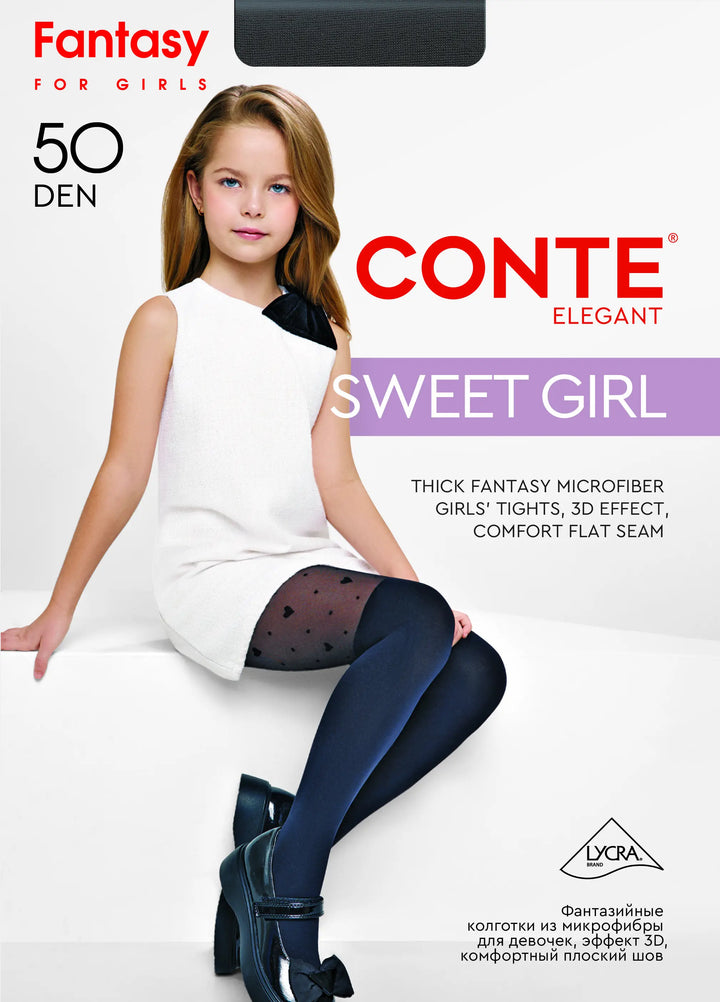 Girl wearing Conte tights with product details on a white background #color_nero-black