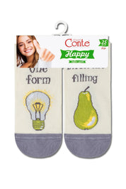 Pair of socks with a light bulb and pear design on a Conte packaging.