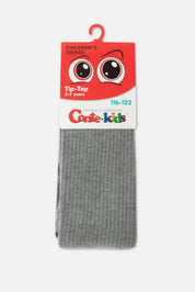 Gray children's socks on a white background with a red and white packaging label. #color_gray