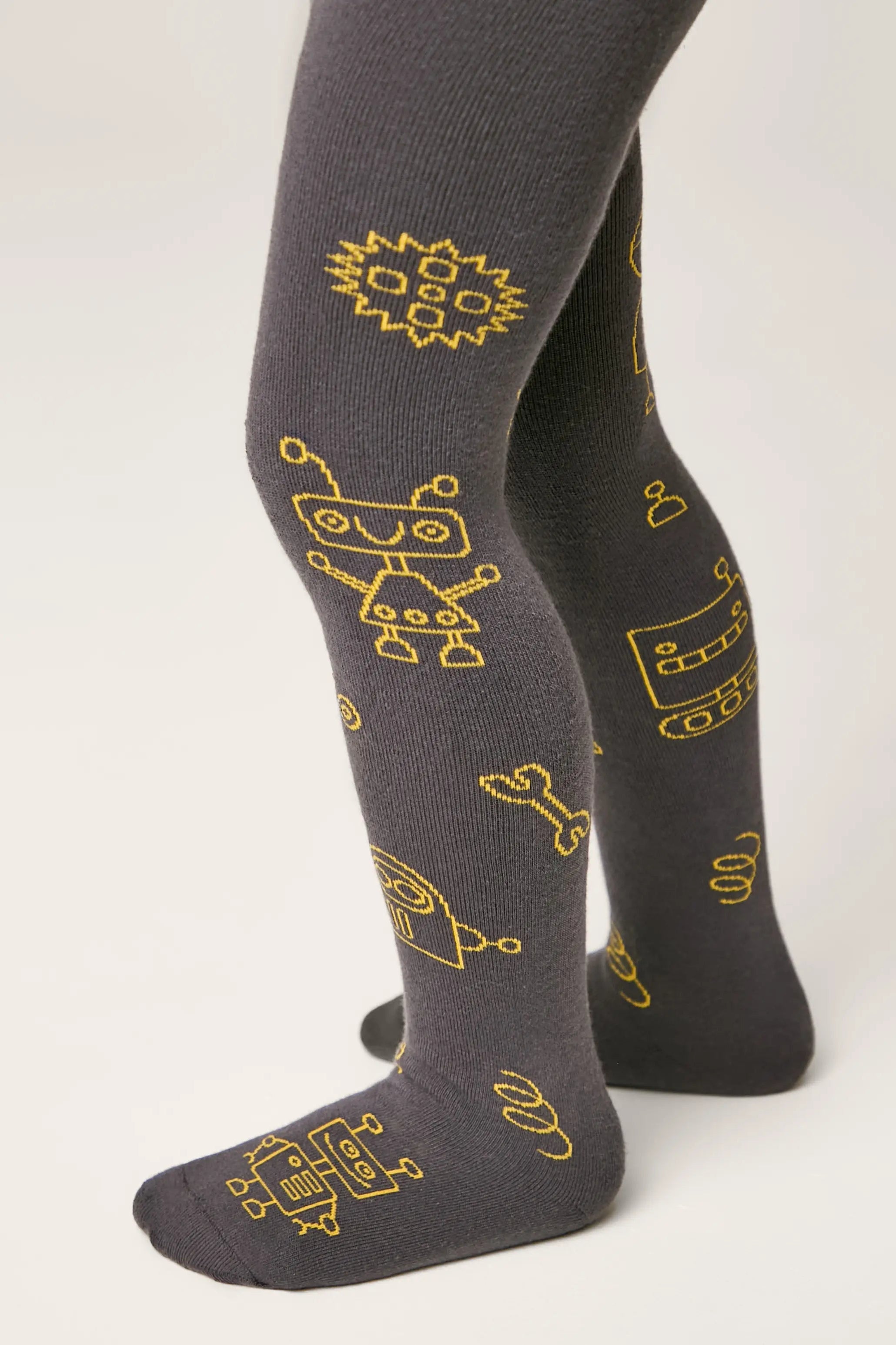Gray tights with yellow robot pattern on a white background #color_dark-gray