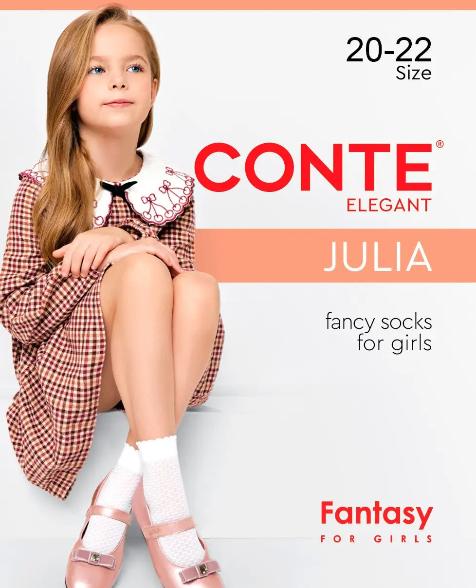 Advertisement for Conte Elegant Julia fancy socks for girls, featuring a girl wearing the socks. #color_bianco