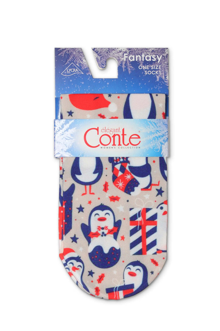 Packaged children's socks with penguin design and 'Conte' branding on a white background
