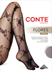 Floral patterned tights with Conte Elegant branding on a white background