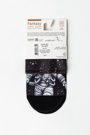 Black ankle sock with zebra pattern and packaging on a white background