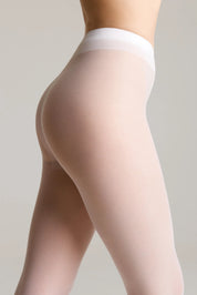 Beige sheer stockings worn by a person on a neutral background #color_bianco